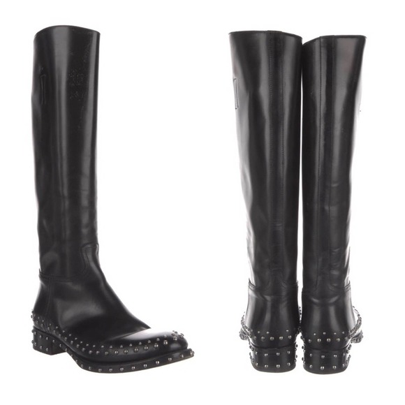 Prada Shoes - PRADA Black Leather Studded Knee High Block Heel Riding Boot